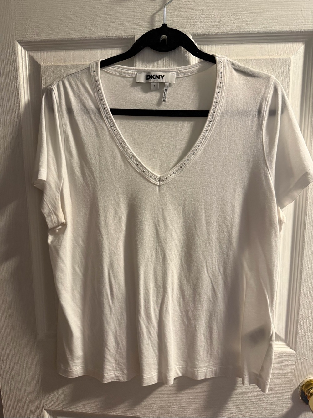 DKNY White V-Neck Short Sleeve Top with Subtle Bead Trim